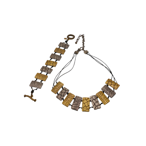 Chico's Gold & Silver Tone Animal Print Necklace/Bracelet with Leather Chain - Picture 7 of 13